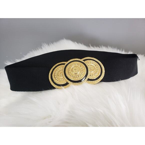 Nani Lewis Vintage 1980s Gold tone black enamel black elastic STRETCH belt retro - Picture 1 of 6